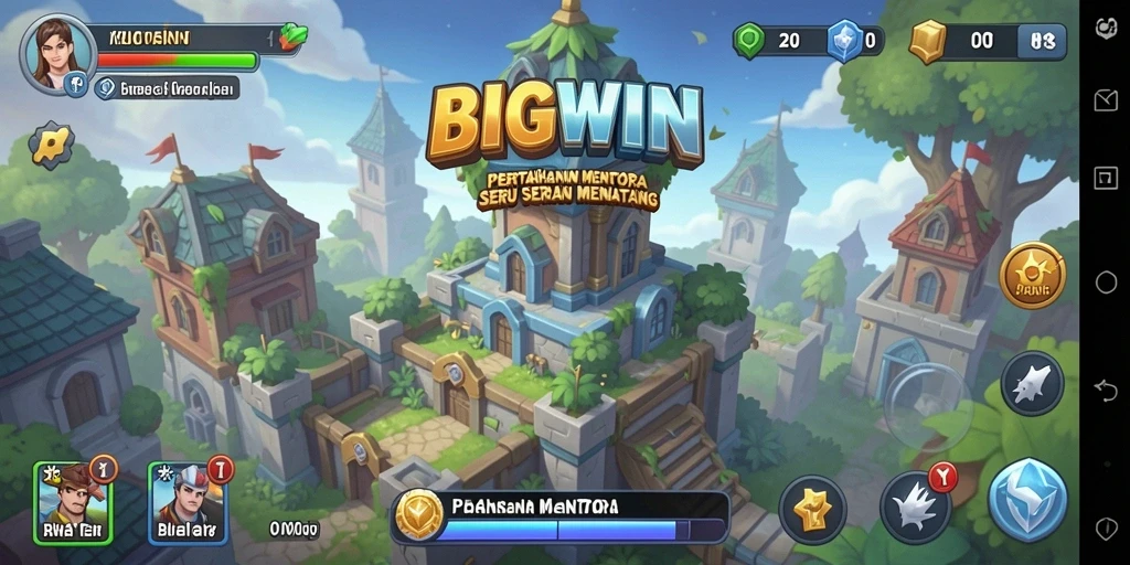 Screenshot gameplay BIGWIN menampilkan aksi menara bertahan melawan gelombang musuh.